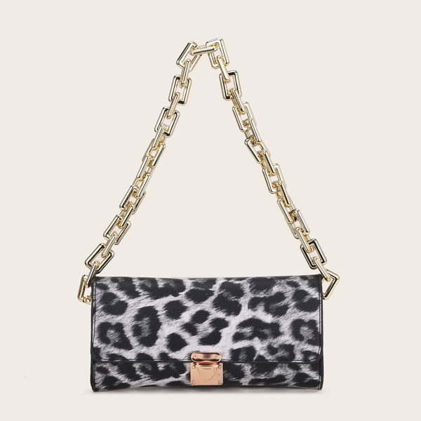 

Push Lock Leopard Baguette Bag, Black and white