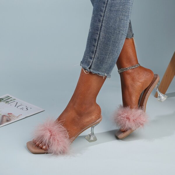 

Faux Fur Decor Clear Pyramid Heeled Mule Sandals, Pink