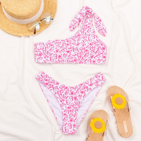 

Butterfly Print One Shoulder Bikini Swimsuit, Pink