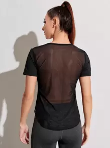 Contrast Mesh V-neck Sports Tee - Black - View 1