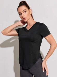 Contrast Mesh V-neck Sports Tee - Black - View 2