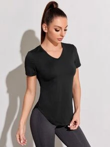 Contrast Mesh V-neck Sports Tee - Black - View 3