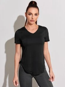 Contrast Mesh V-neck Sports Tee - Black - View 5