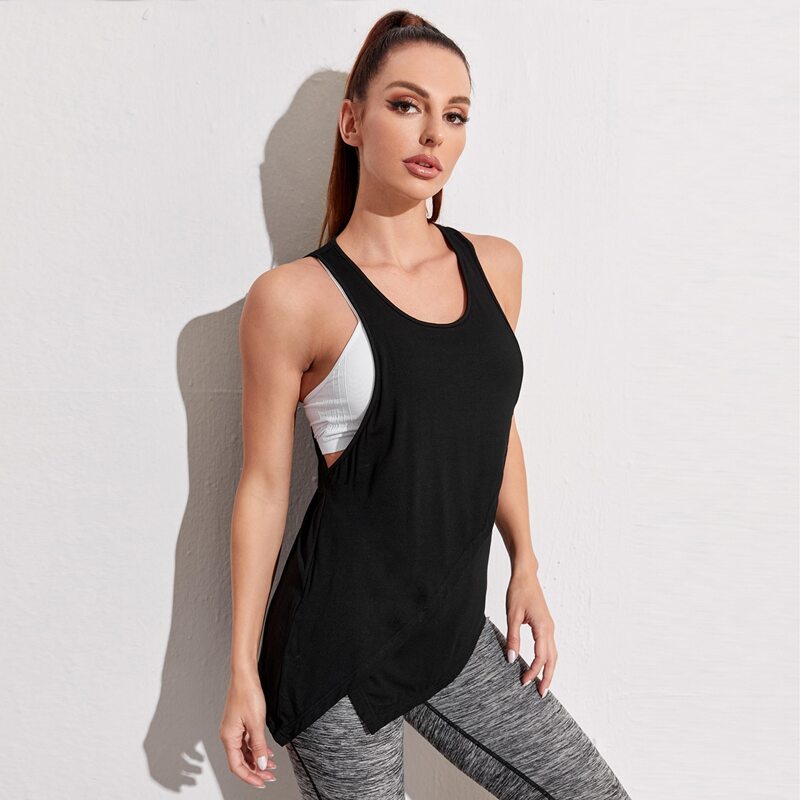 

Asymmetrical Hem Drop Armhole Sports Tank Top, Black