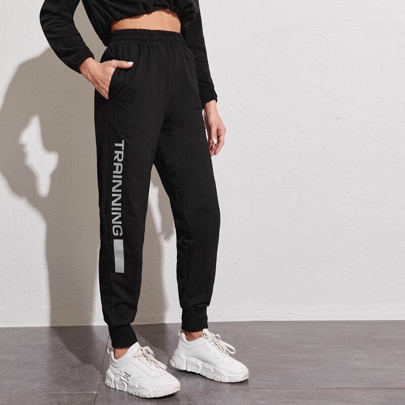 

Elastic Waist Letter Graphic Sports Pants, Black