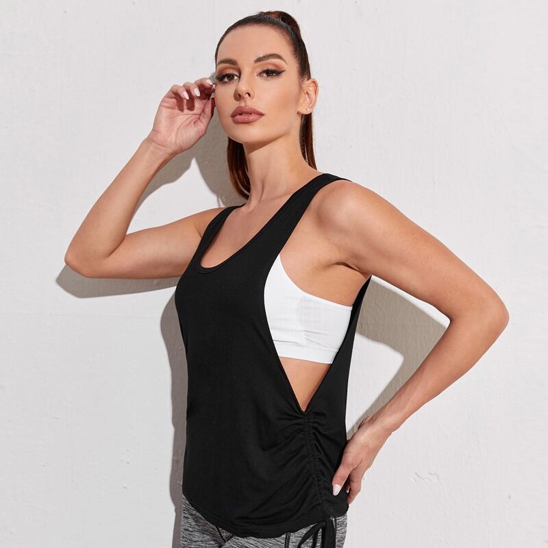 

Drawstring Side Drop Armhole Sports Tank Top, Black