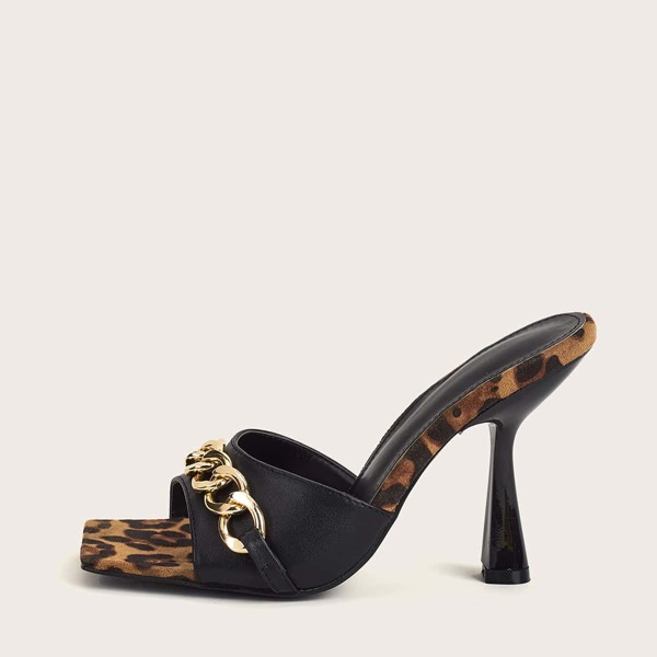 

Chain Decor Leopard Pattern Mule Sandals, Black