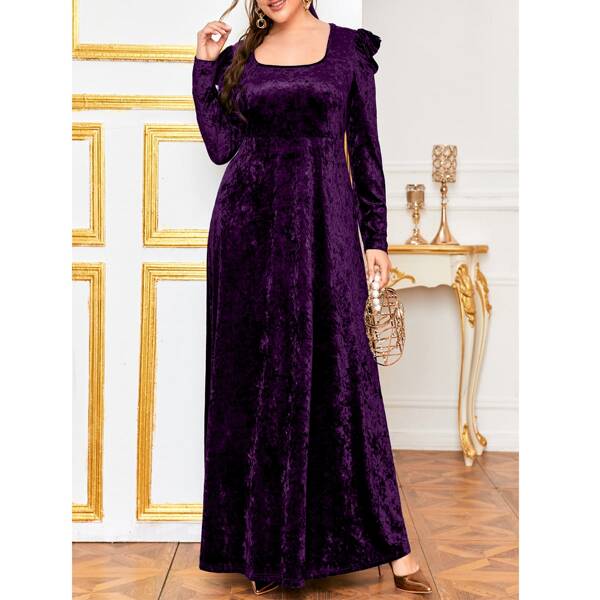 

Plus Velvet Leg-of-mutton Sleeve Dress, Purple