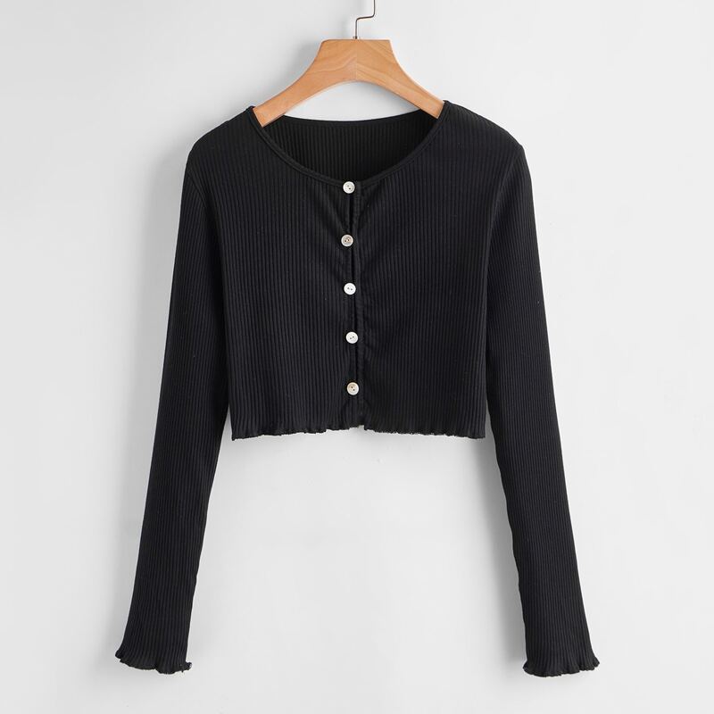 

Solid Button Front Ribbed Crop Tee, Black