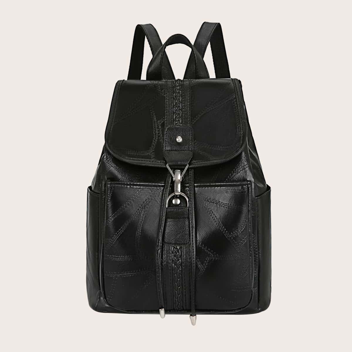 

Drawstring Design Flap Backpack, Black