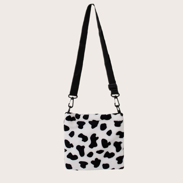

Fluffy Cow Pattern Crossbody Bag, Black and white