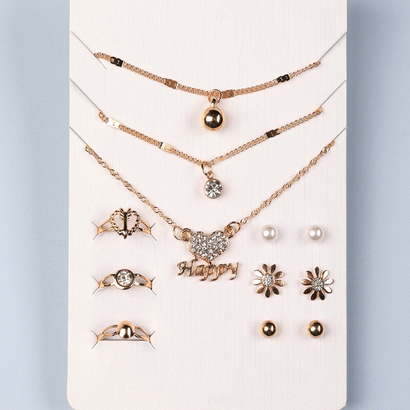 

12pcs Rhinestone & Heart Deign Jewelry Set, Gold