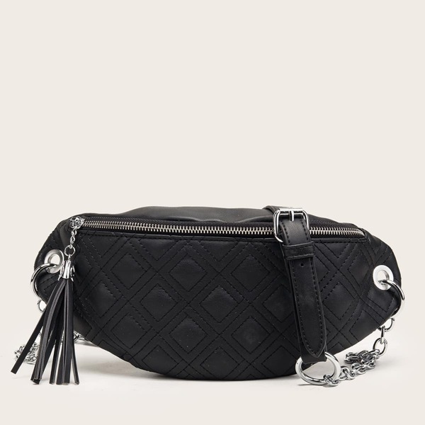 

Quilted Tassel Decor Fanny Pack, Black