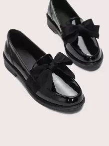 Mocasines de mujer para otoño/invierno con lazo, puntera redonda, tacón grueso y plano, para el trabajo y el transporte, zapatos tipo Mary Jane - Negro - Ver 5