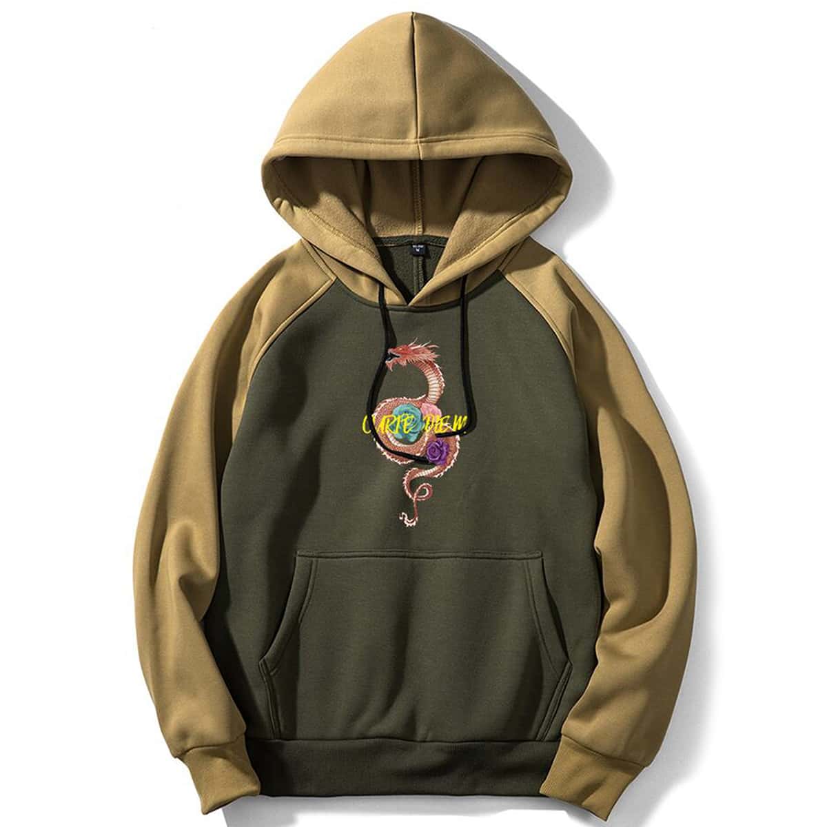 

Guys Letter Chinese Dragon Graphic Colorblock Hoodie, Army green