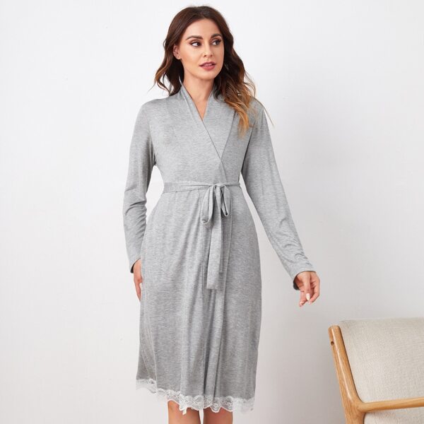 

Contrast Lace Self Tie Robe, Light grey