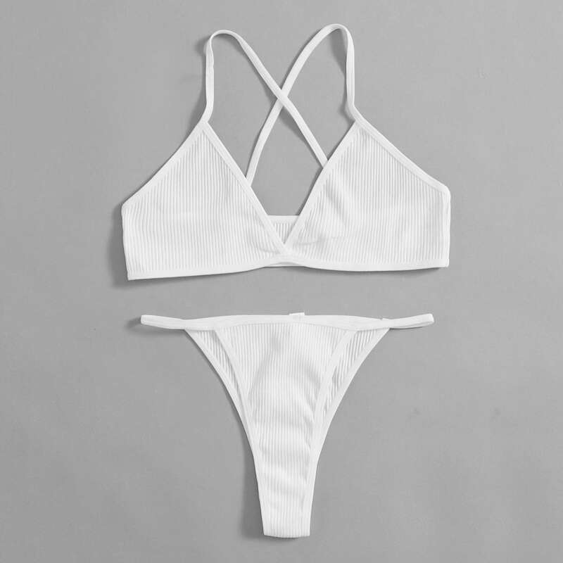 

Ribbed Crisscross Back Lingerie Set, White