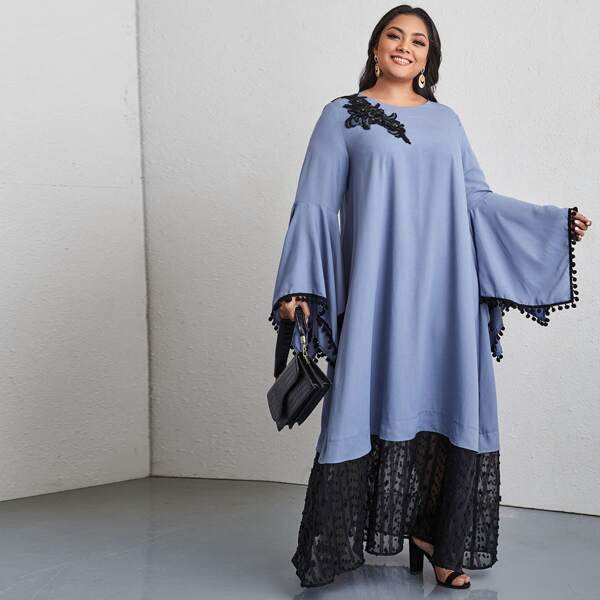 

Plus Flower Applique Flounce Sleeve Dress, Dusty blue