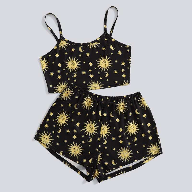 

Sun & Moon Graphic Shorts PJ Set, Black
