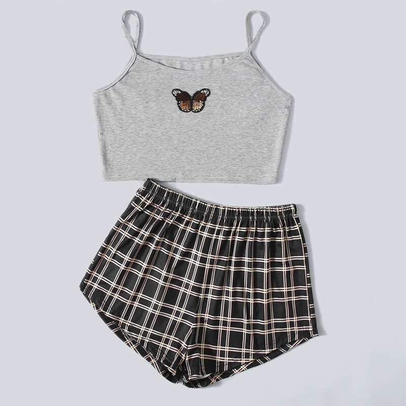 

Butterfly & Plaid Graphic PJ Set, Multicolor