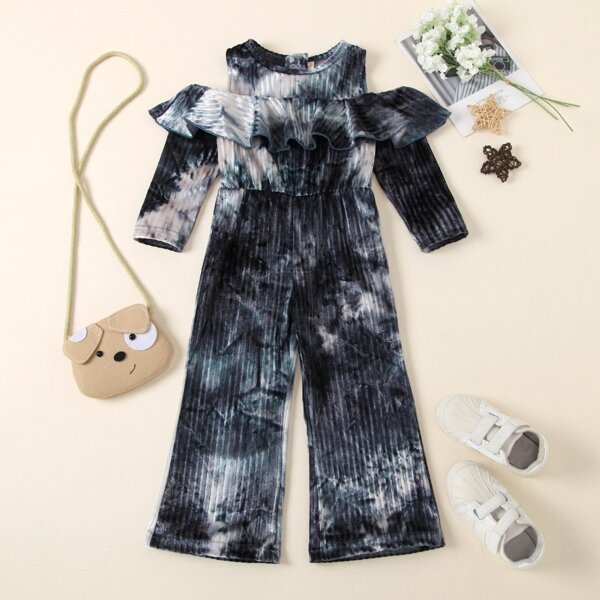 

Toddler Girls Tie Dye Ruffle Cold Shoulder Jumpsuit, Multicolor