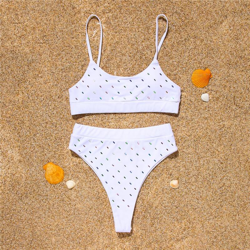 

Rhinestone Decor High Waist Bikini Swimsuit, White