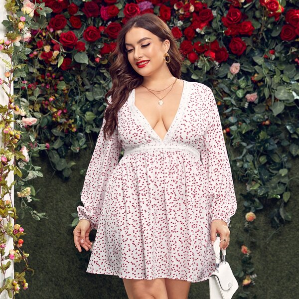 

Plus Heart Confetti Plunging Neck Dress, Red and white