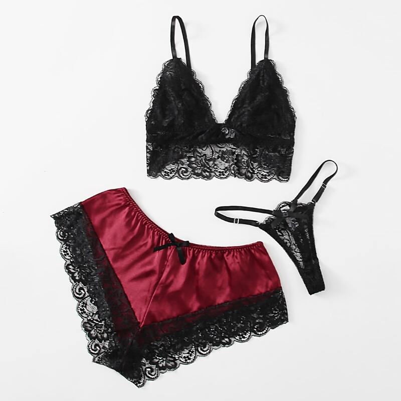 

3pack Floral Lace Lingerie Set With Satin Shorts, Black