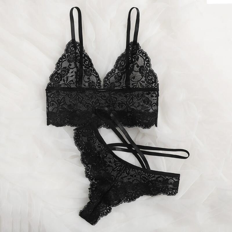 

Floral Lace Crisscross Lingerie Set, Black
