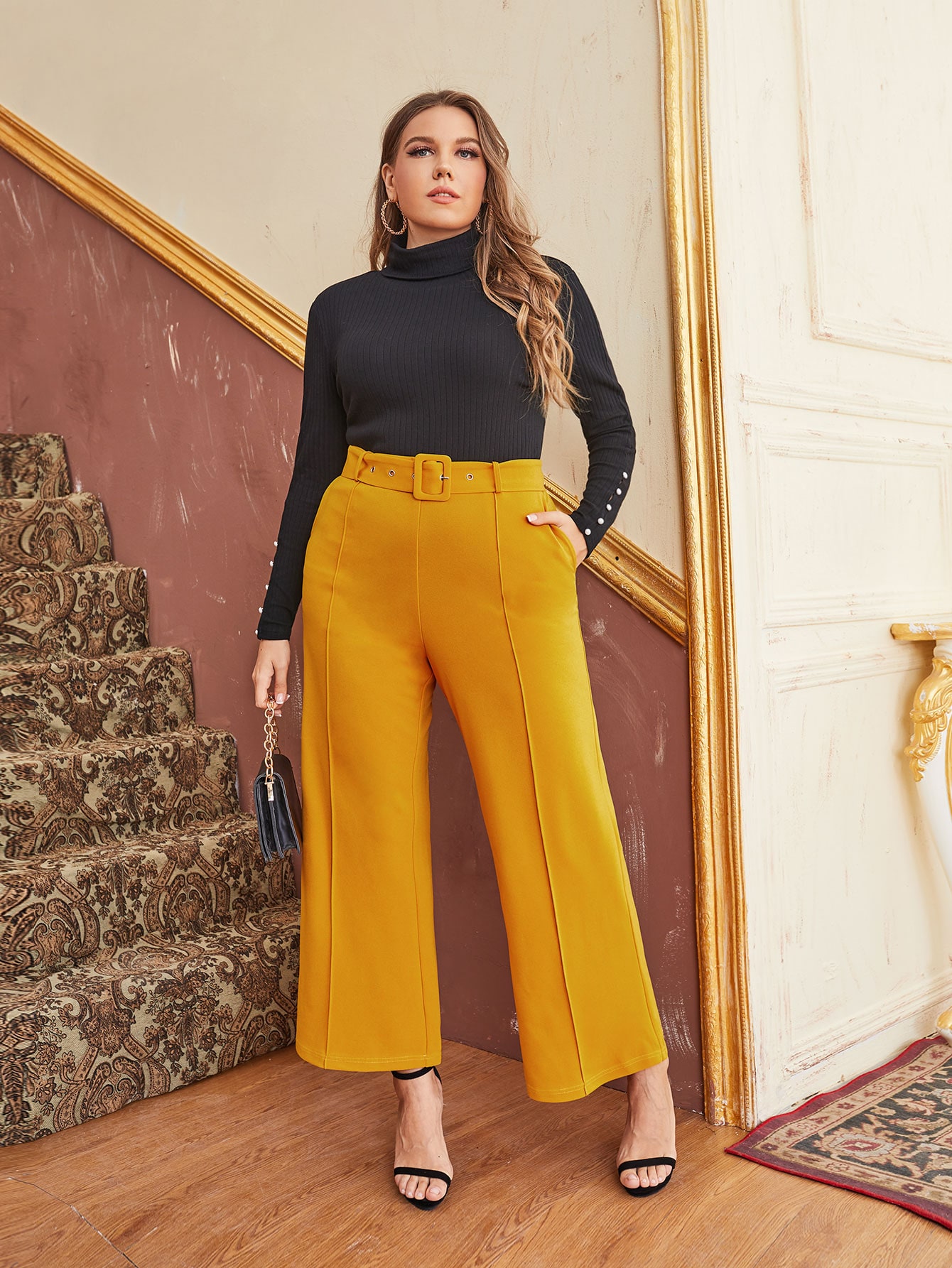 Plus Seam Front Slant Pocket Self Buckle Belted Pants thumbnail