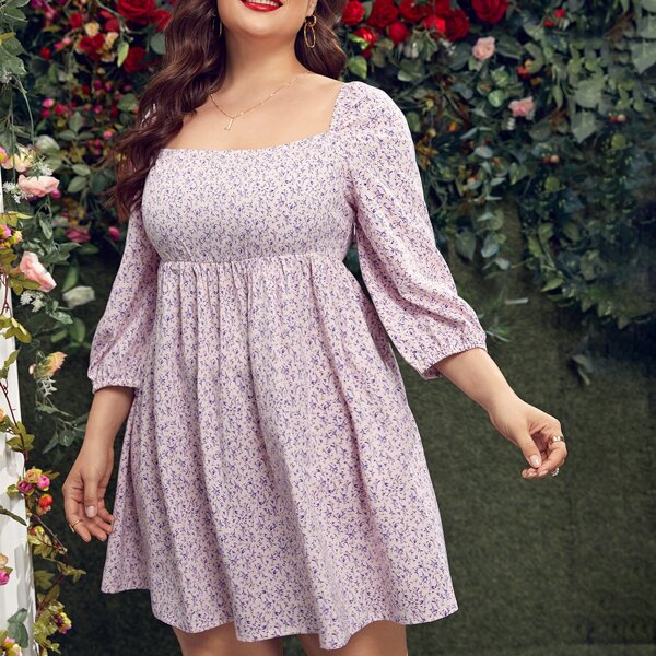 

Plus Ditsy Floral Babydoll Dress, Baby pink