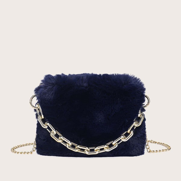 

Chain Decor Fluffy Crossbody Bag, Navy blue