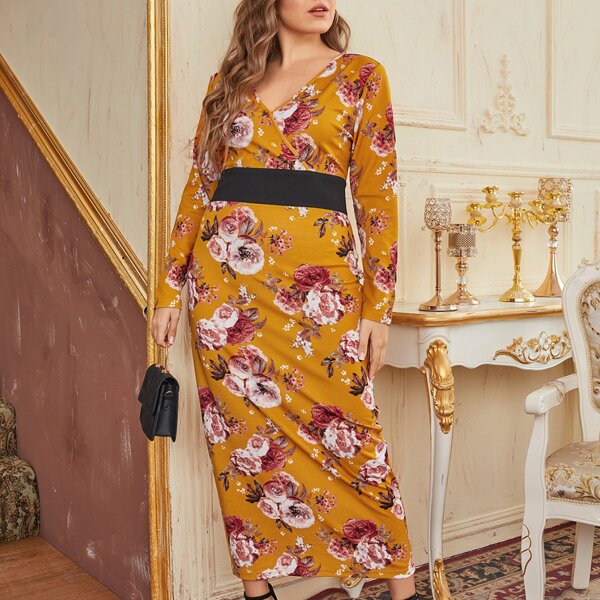 

Plus Surplice Neck Contrast Panel Floral Dress, Multicolor