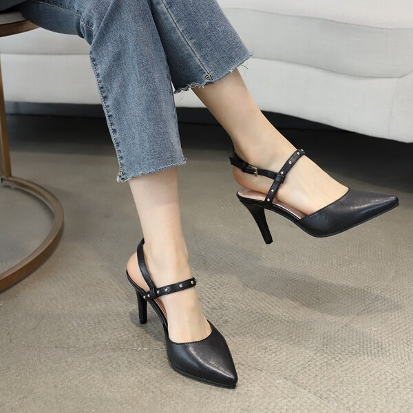 

Studded Decor Point Toe Slingback Pumps, Black