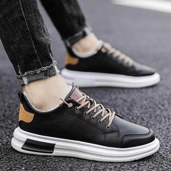 

Men Lace-up Front Plush Inside Skate Shoes, Black