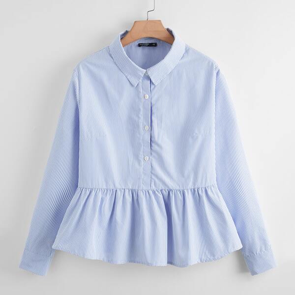 

Plus Striped Ruffle Hem Button Half Placket Top, Blue and white