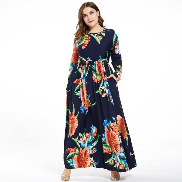

Plus Floral Print Hidden Pocket A-line Dress, Multicolor