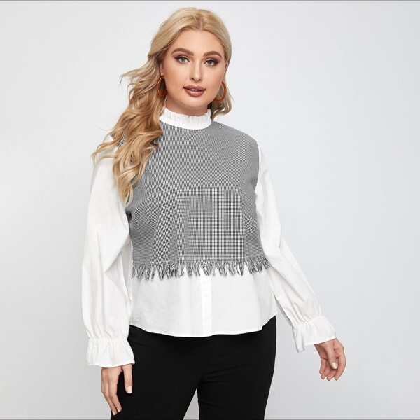 

Plus Contrast Gingham Fringe Blouse, Black and white