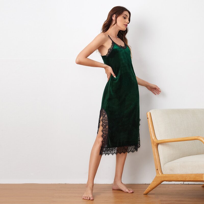 

Contrast Lace Split Hem Velvet Night Dress, Dark green