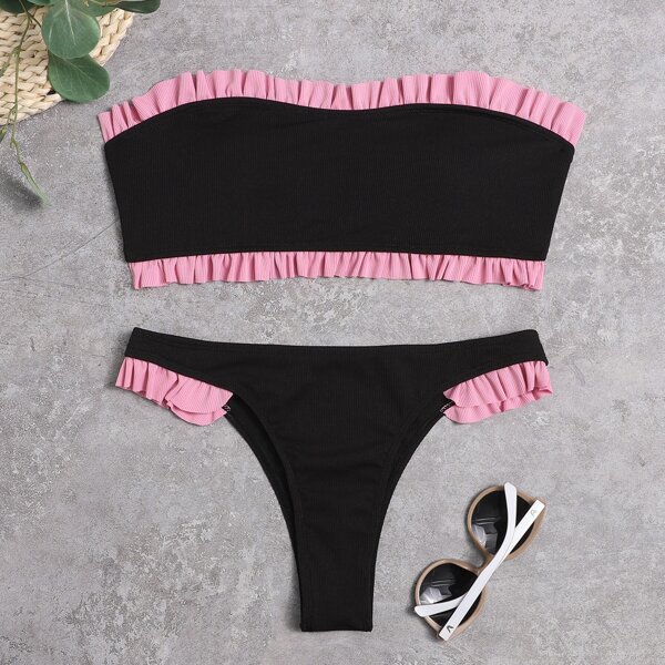 

Rib Frill Trim Bandeau Bikini Swimsuit, Black