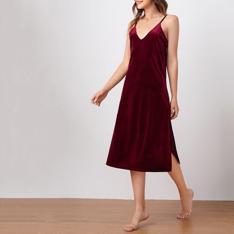 

Velvet Solid Cami Night Dress, Maroon