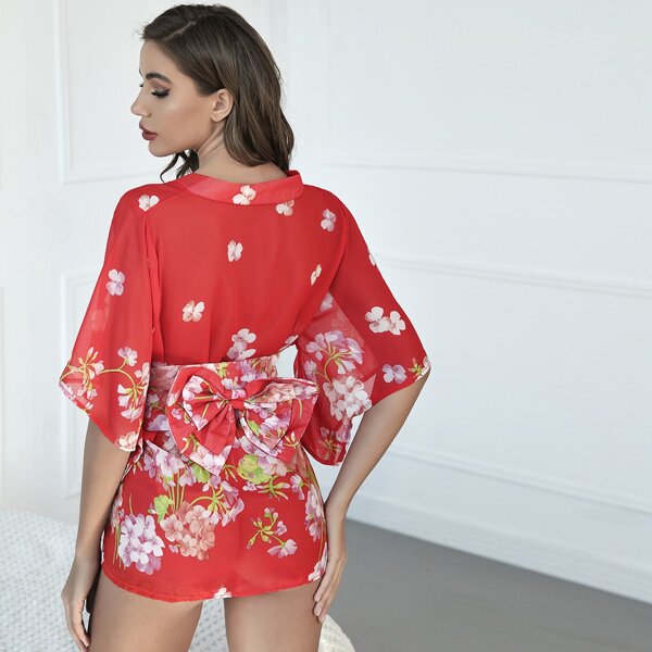 

3pack Floral Mesh Bow Back Belted Costume Robe, Red