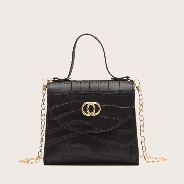 

Mini Metal Decor Croc Embossed Satchel Bag, Black