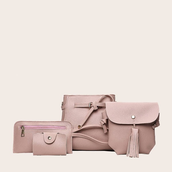 

4pcs Tassel Decor Bucket Bag Set, Pink