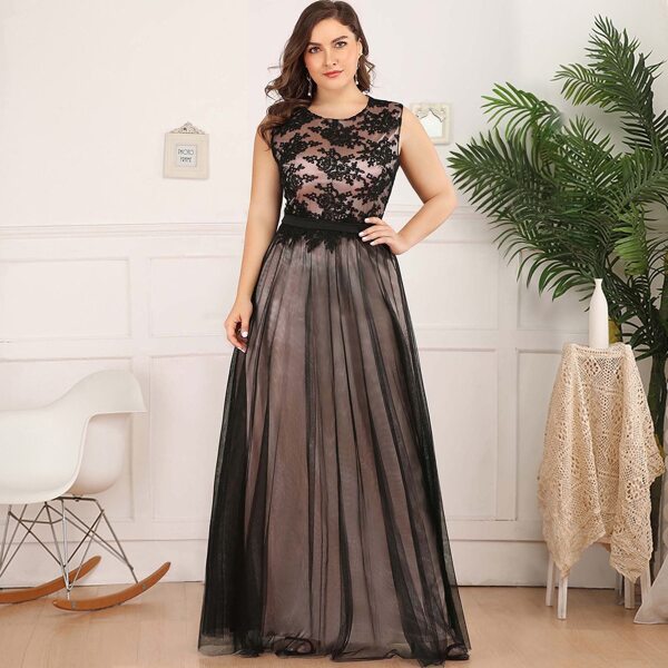 

Plus Floral Embroidered Mesh Prom Dress, Multicolor