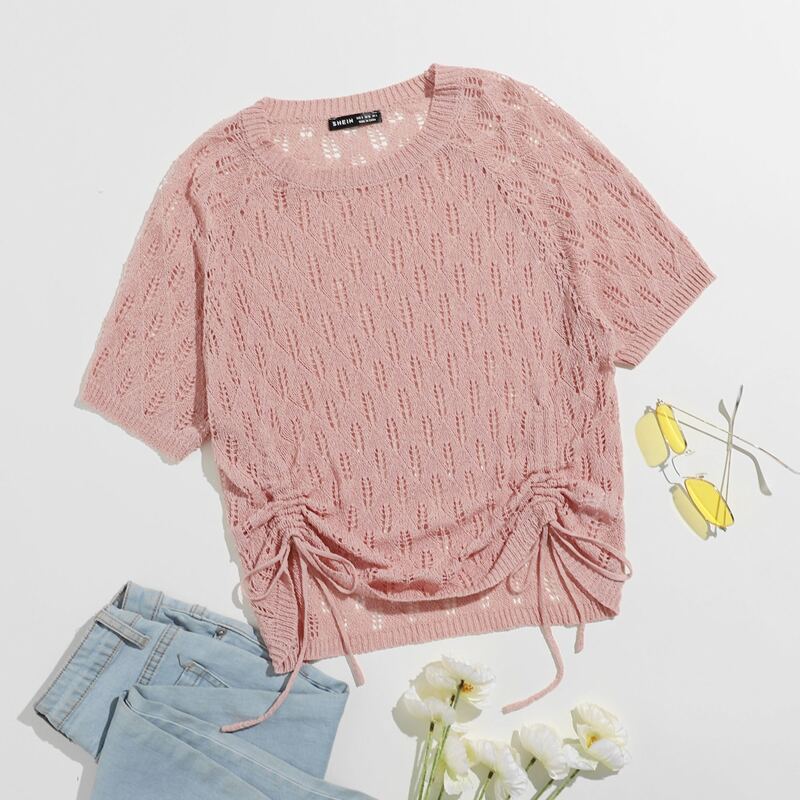 

Drawstring Knot Pointelle Knit Top, Dusty pink