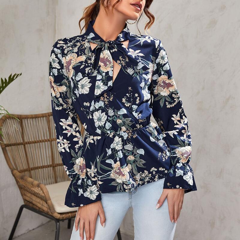 

Tie Neck Floral Peplum Top, Navy blue
