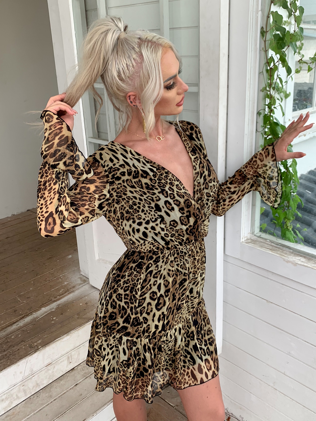 Flounce Sleeve Flippy Hem Leopard Dress thumbnail