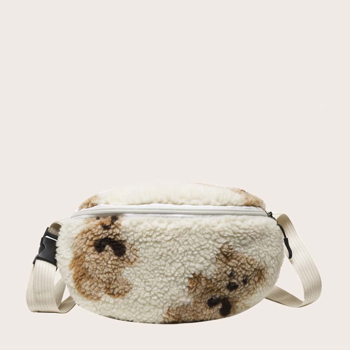 

Bear Graphic Faux Shearling Fanny Pack, White