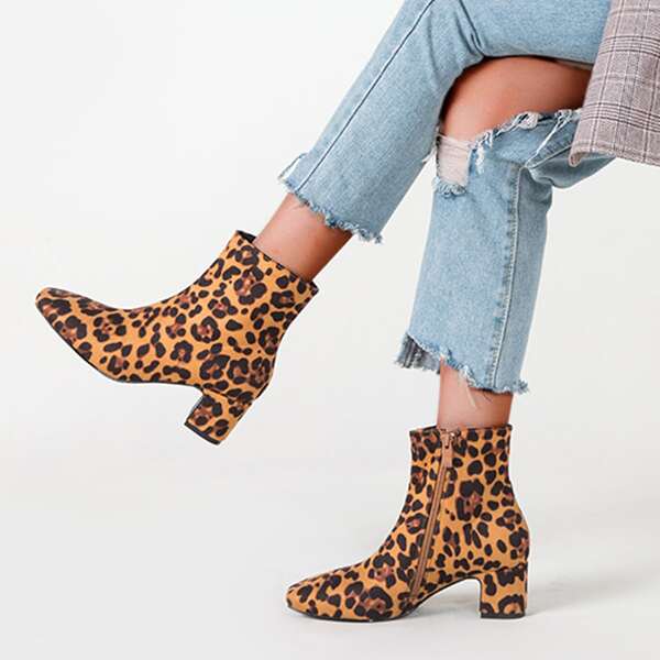 

Leopard Print Side Zip Chunky Boots, Multicolor